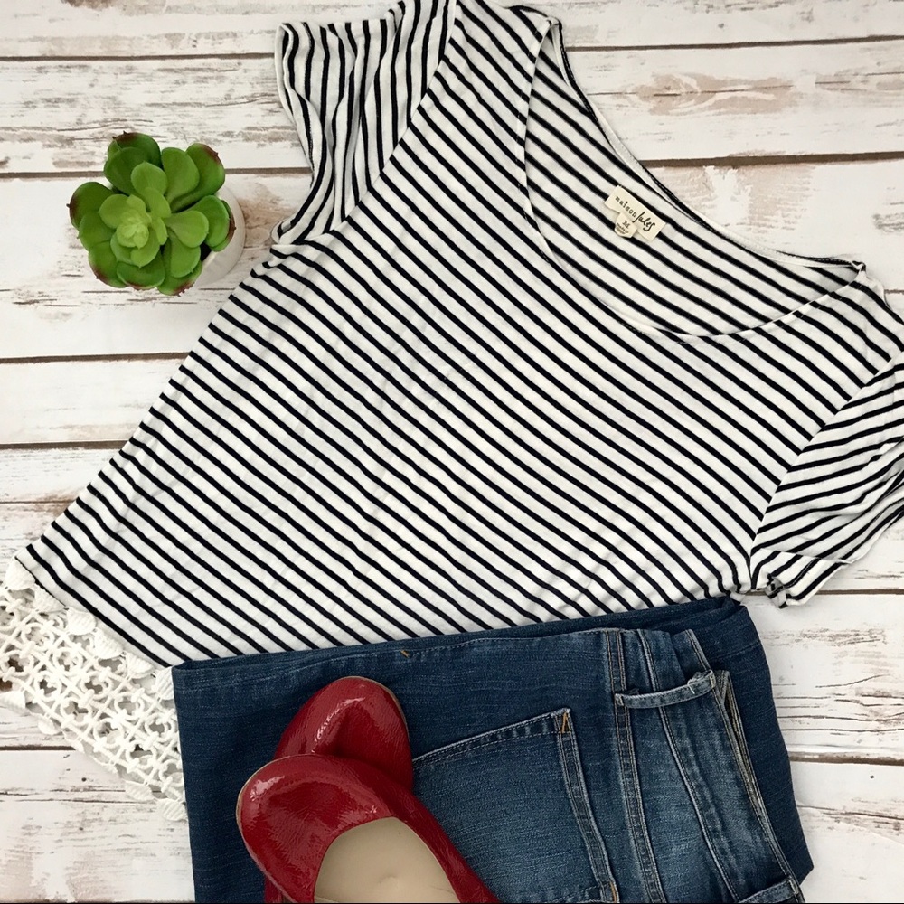 Maison Jules Navy and White Stripe Top with Lace